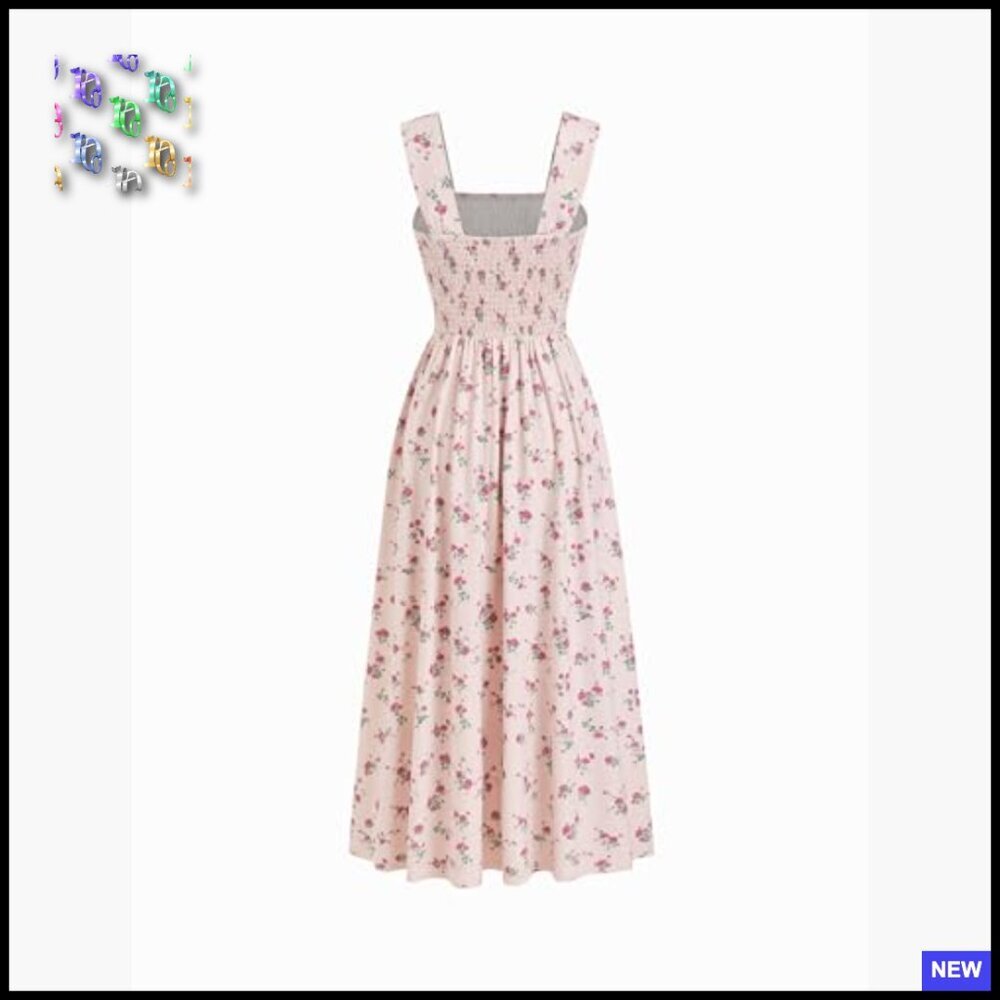 Floral Square Neck Sleeveless Midi Dress A Line Casual Summer Sundress - Picture 5 of 6